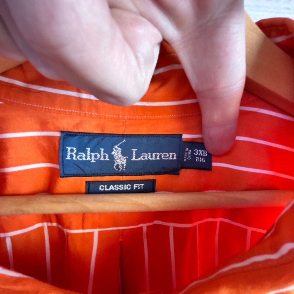 Ralph Lauren 3XB Big Preppy Button Down Shirt Orange White Cotton Green Pony - Picture 3 of 11